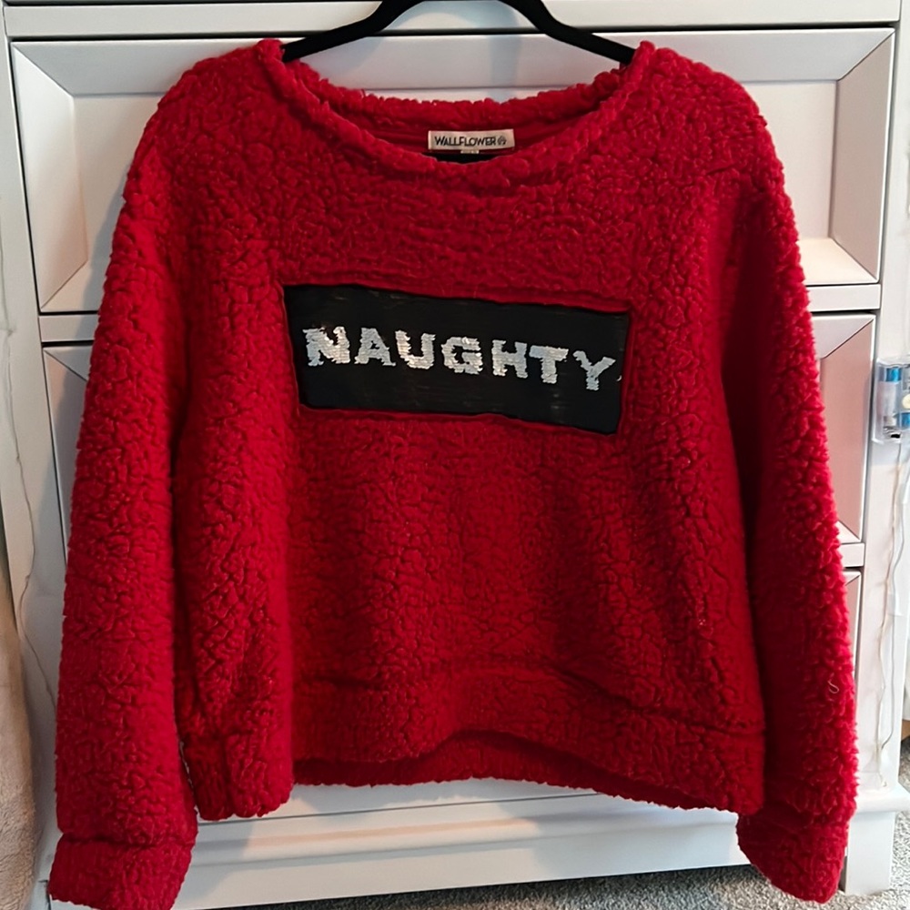 Red sweater with flip words